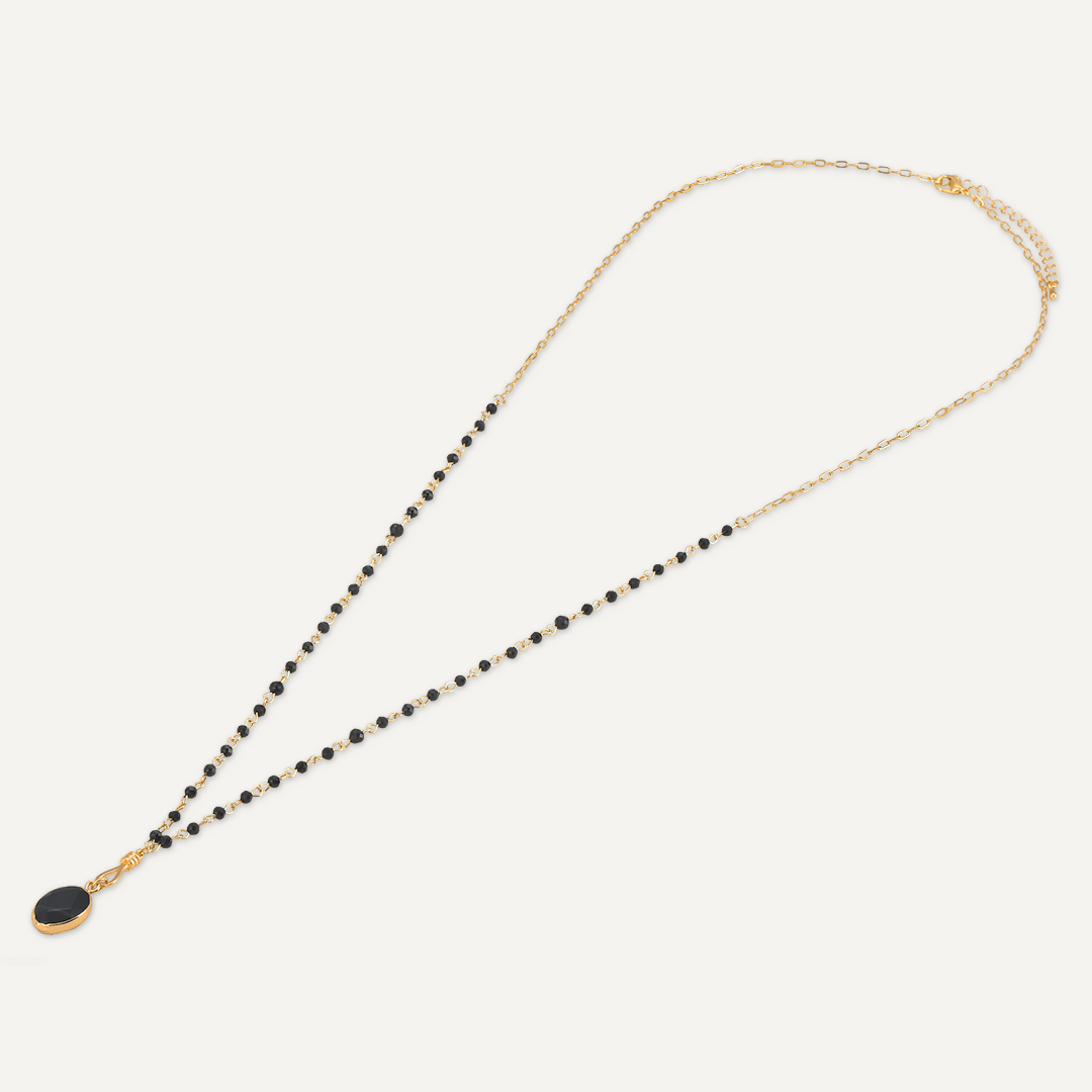 Long Black Crystal Necklace With Semi-Precious Stone Pendant In Gold-Tone