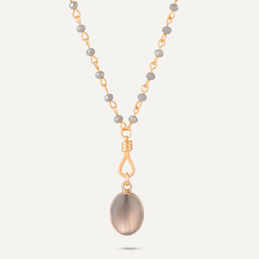 Long Grey Crystal Necklace With Semi-Precious Stone Pendant In Gold-Tone