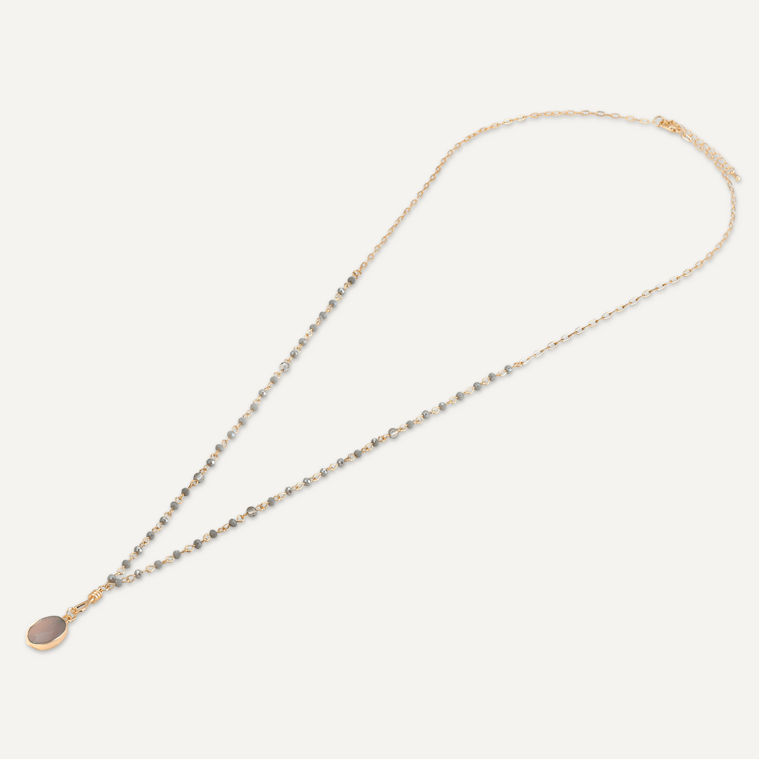 Long Grey Crystal Necklace With Semi-Precious Stone Pendant In Gold-Tone