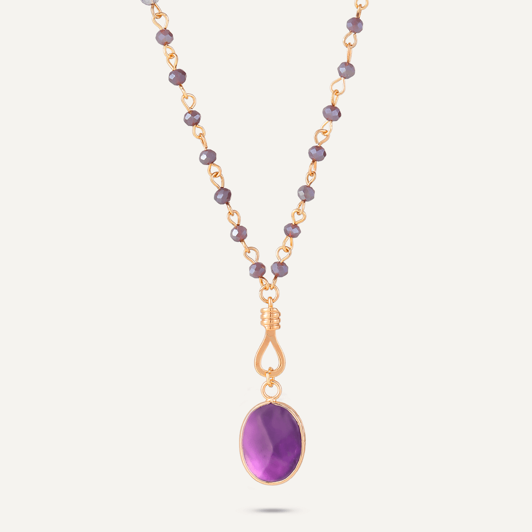 Long Purple Crystal Necklace With Semi-Precious Stone Pendant In Gold-Tone