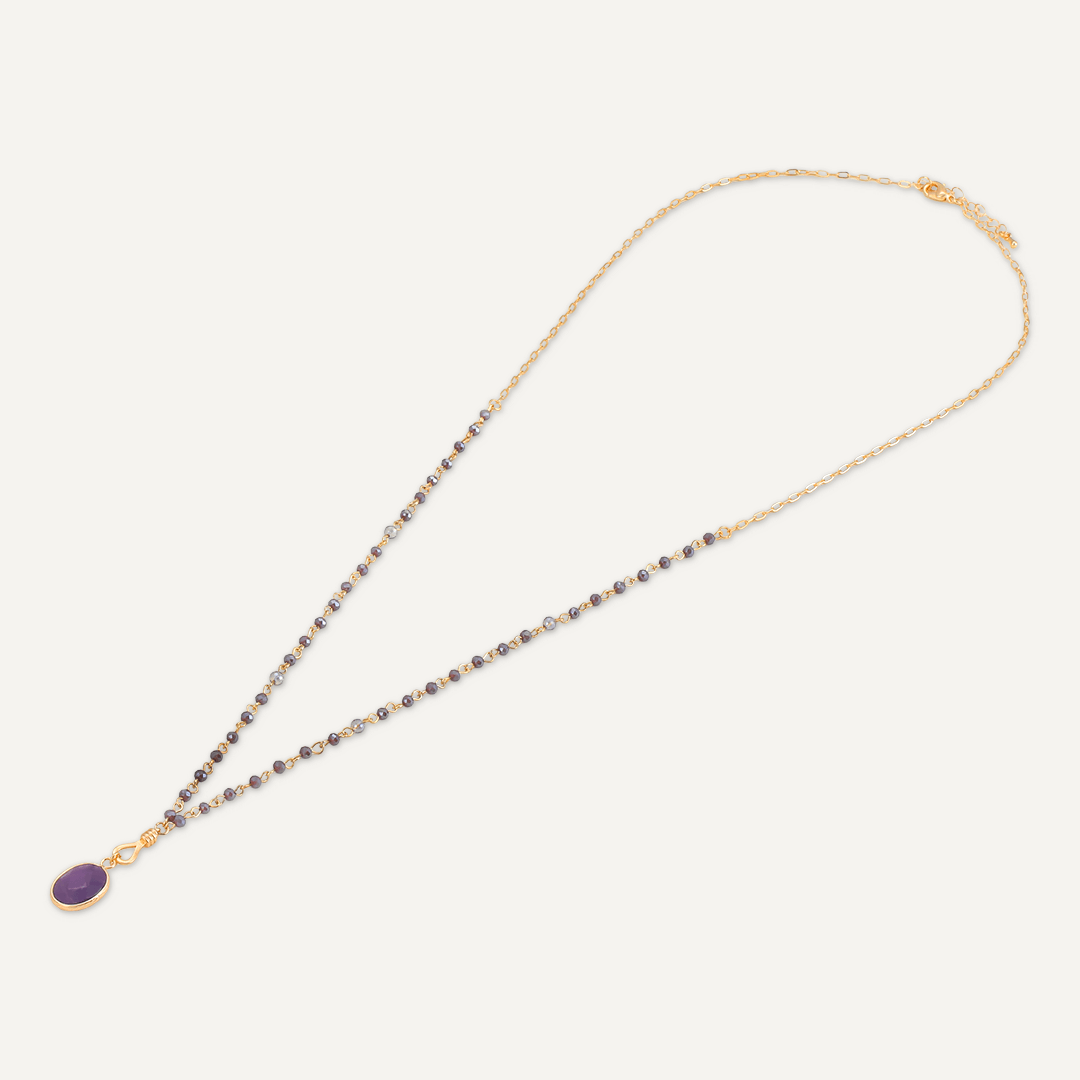 Long Purple Crystal Necklace With Semi-Precious Stone Pendant In Gold-Tone