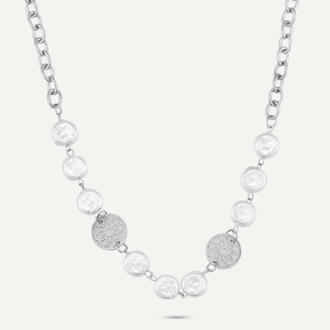 Tree Of Life & Faux Pearls Short Necklace In Silver-Tone