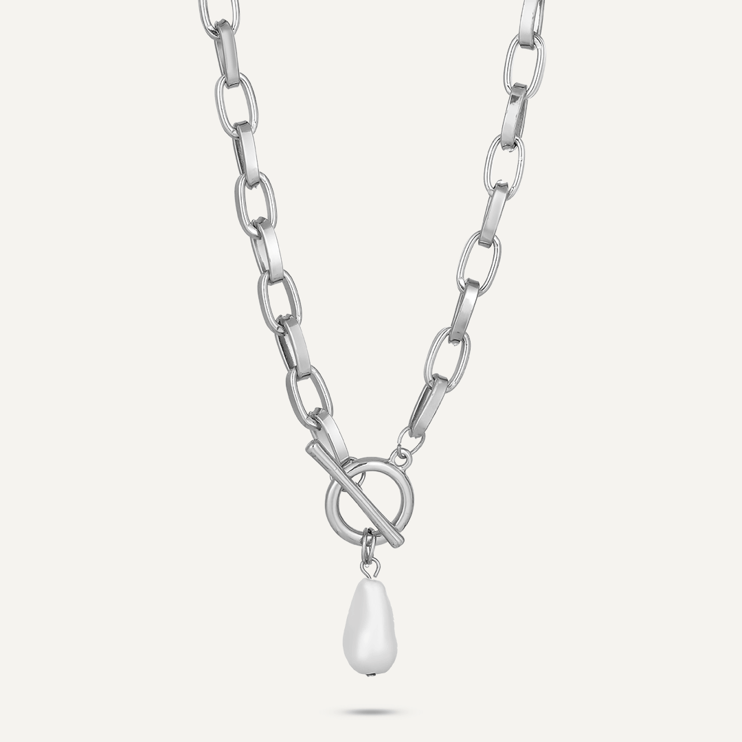 Faux Pearl T-Bar Necklace In Silver-Tone