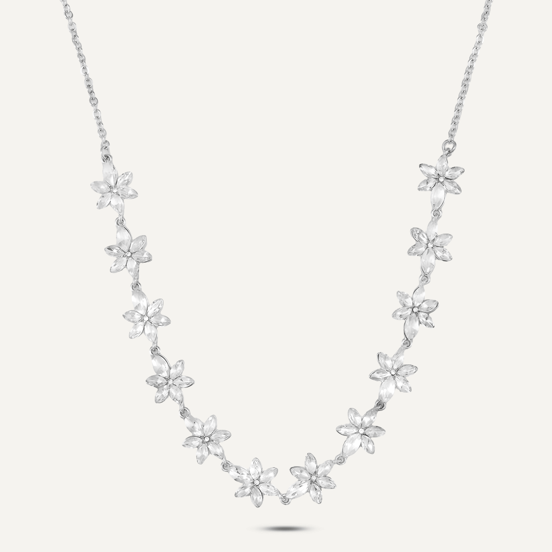 Floral Crystal Clasp Necklace In Silver Tone