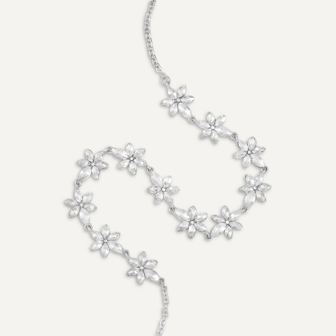 Floral Crystal Clasp Necklace In Silver Tone