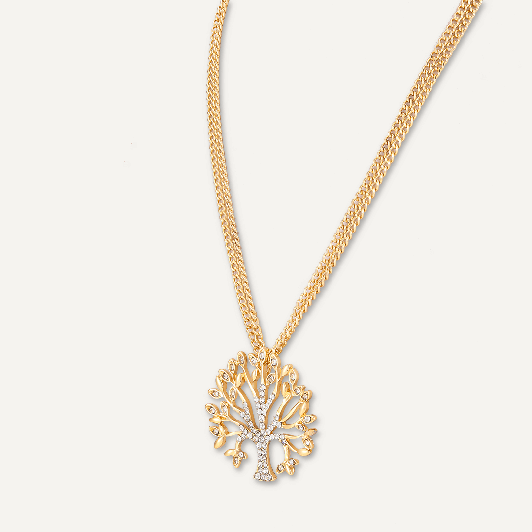 Multi-Chain Tree Of Life Crystal Necklace In Gold-Tone