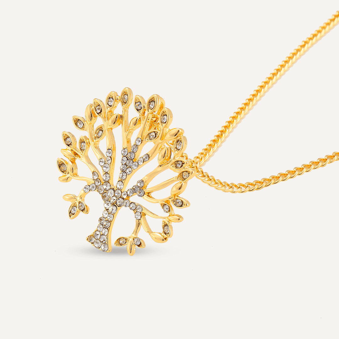 Tree Of Life Crystal Long Necklace In Gold-Tone