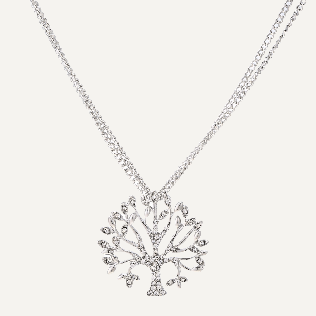 Multi-Chain Tree Of Life Crystal Necklace In Silver Tone