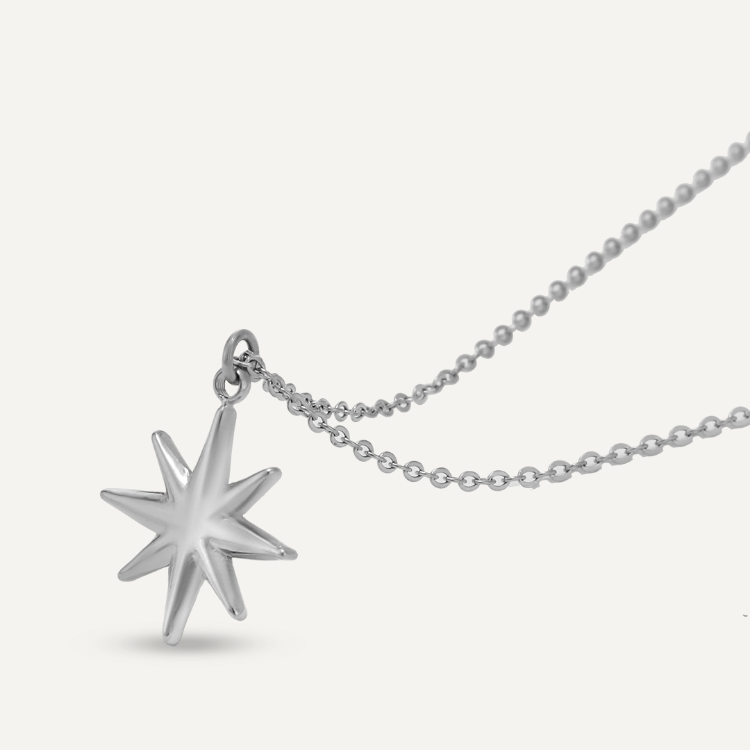 Detailed Star Pendant Necklace In Silver-Tone