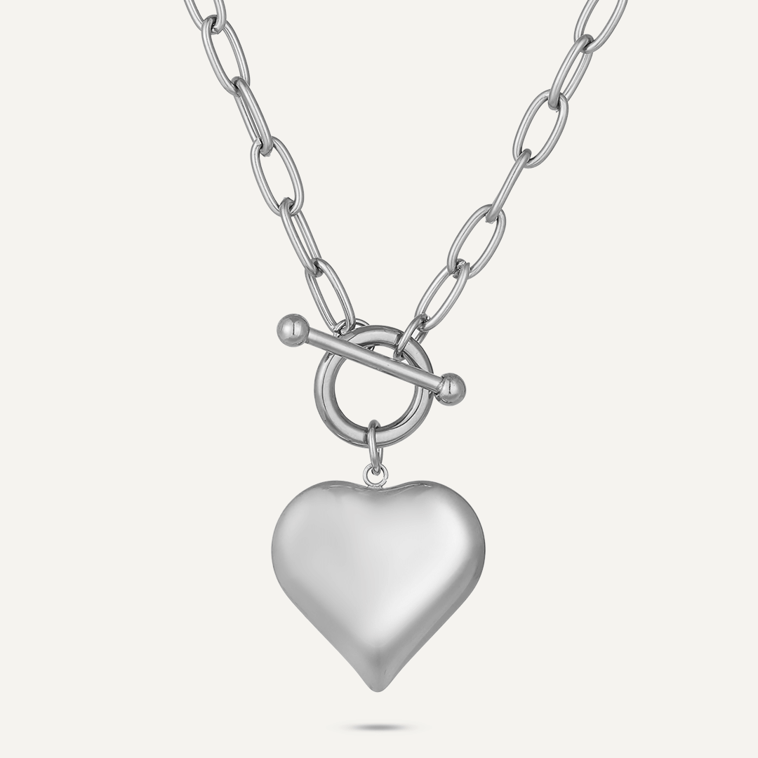 T-Bar Heart Pendant Chain Necklace In Silver-Tone