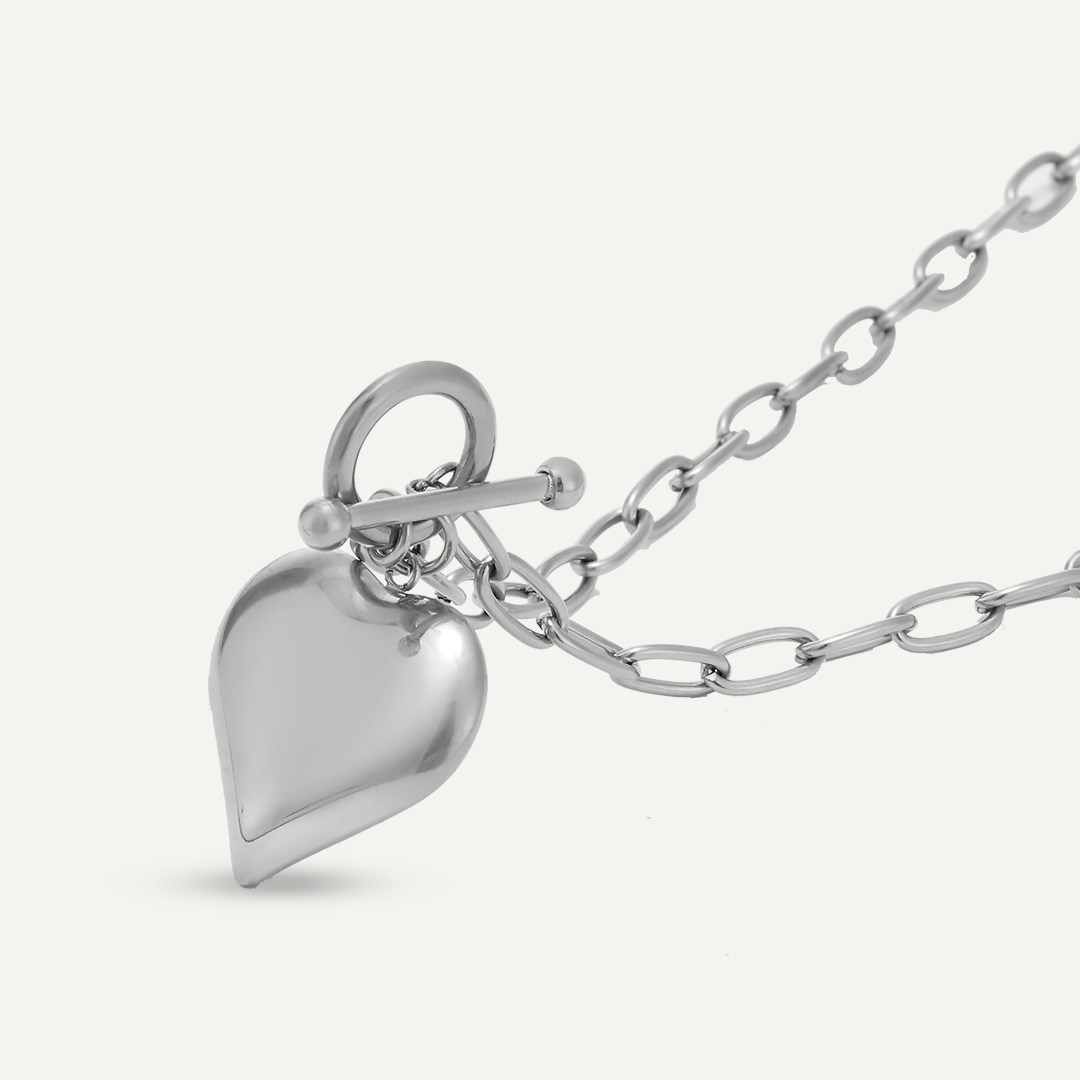 T-Bar Heart Pendant Chain Necklace In Silver-Tone