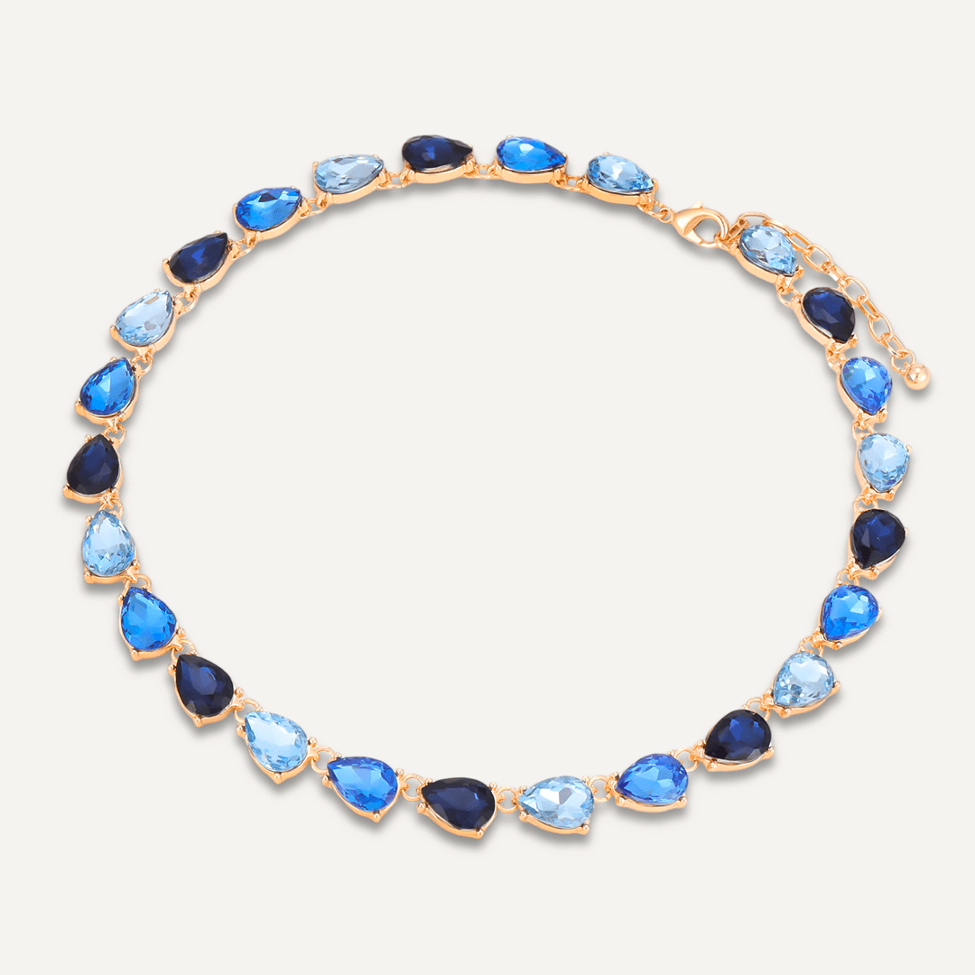 Teardrop Blue Jewel Collar Necklace In Gold-Tone