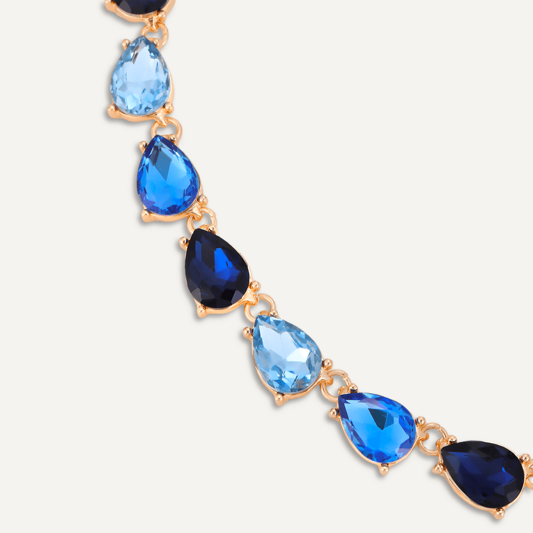 Teardrop Blue Jewel Collar Necklace In Gold-Tone