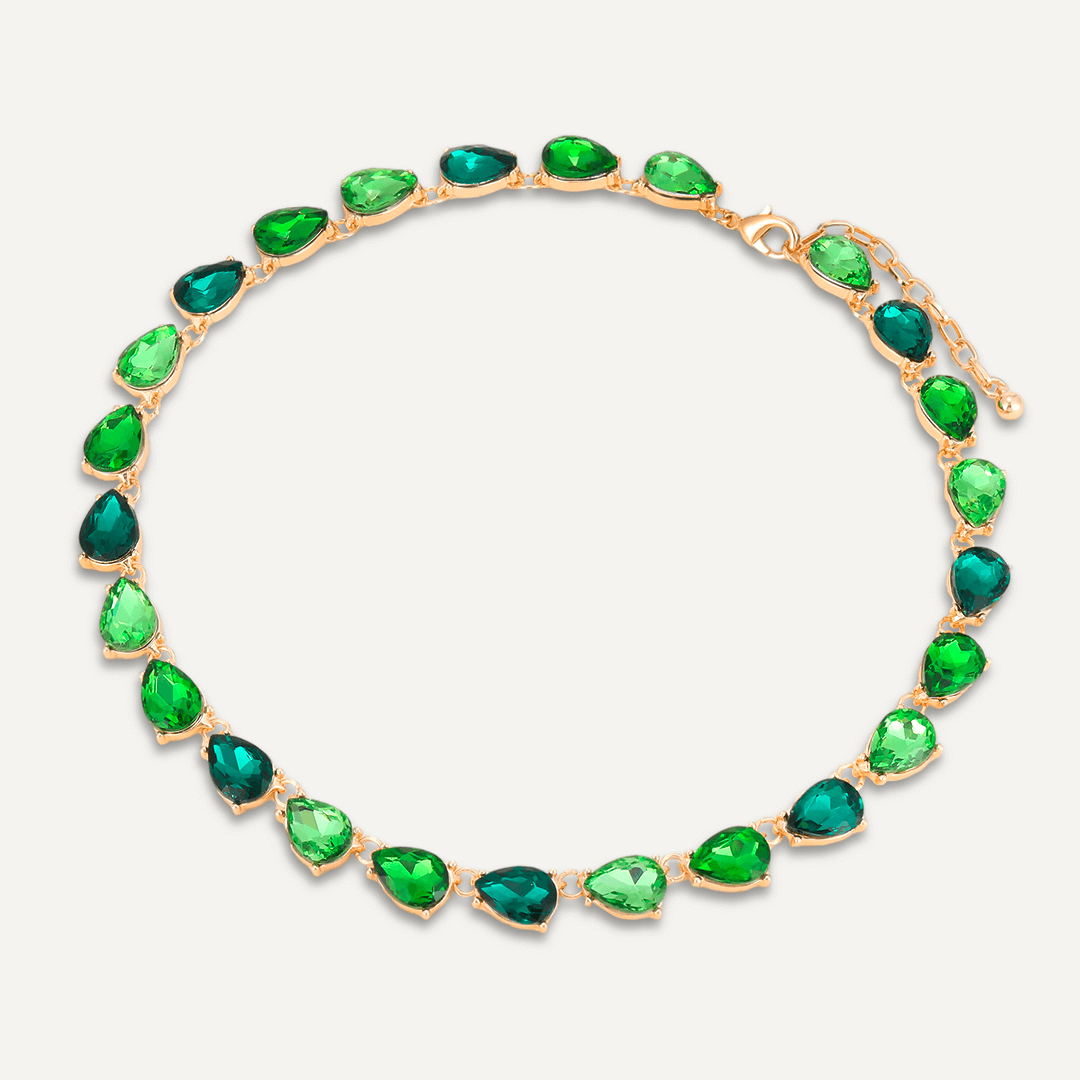 Teardrop Green Jewel Collar Necklace In Gold-Tone