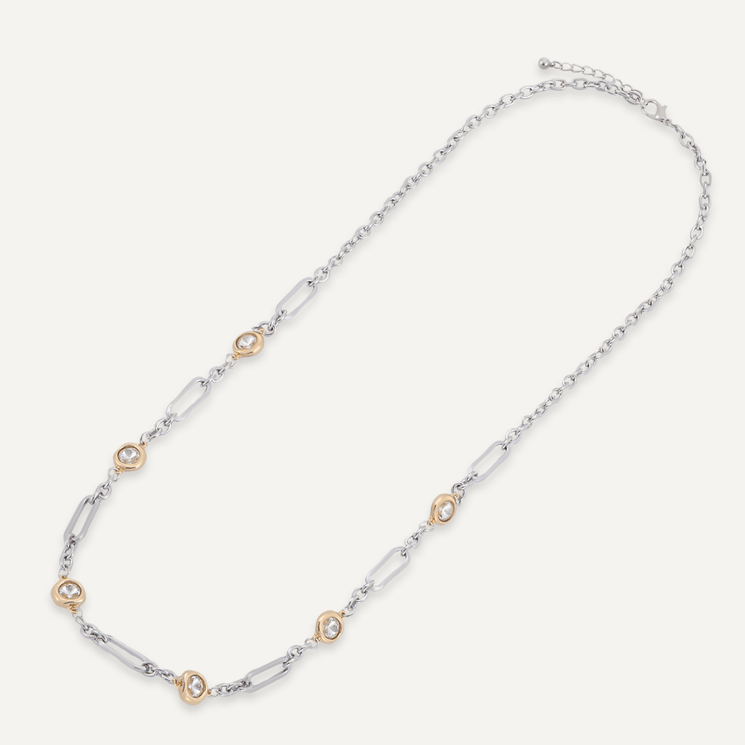 Long Contemporary Crystal Chain-Link Necklace In Gold & Silver-Tone