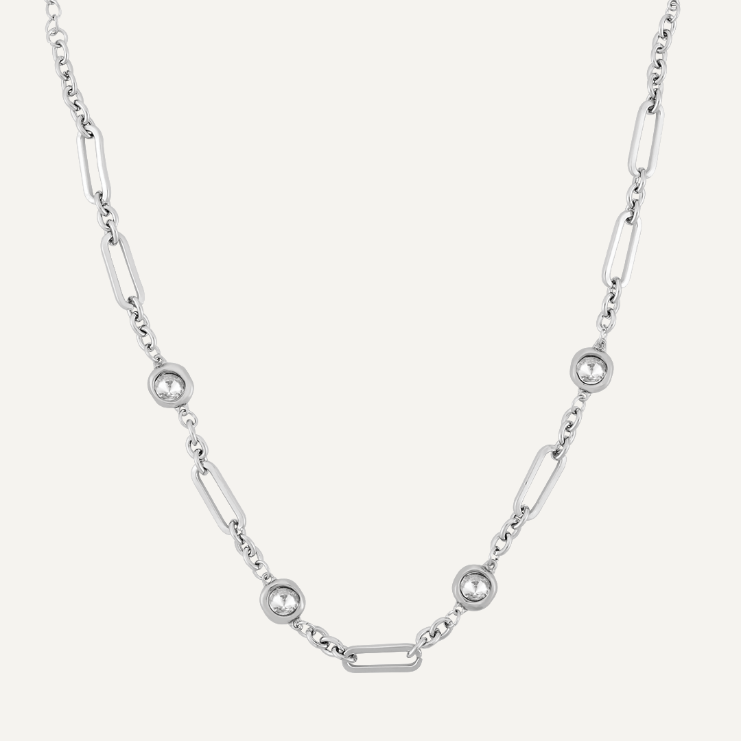 Short Contemporary Crystal Chain-Link Necklace In Silver-Tone