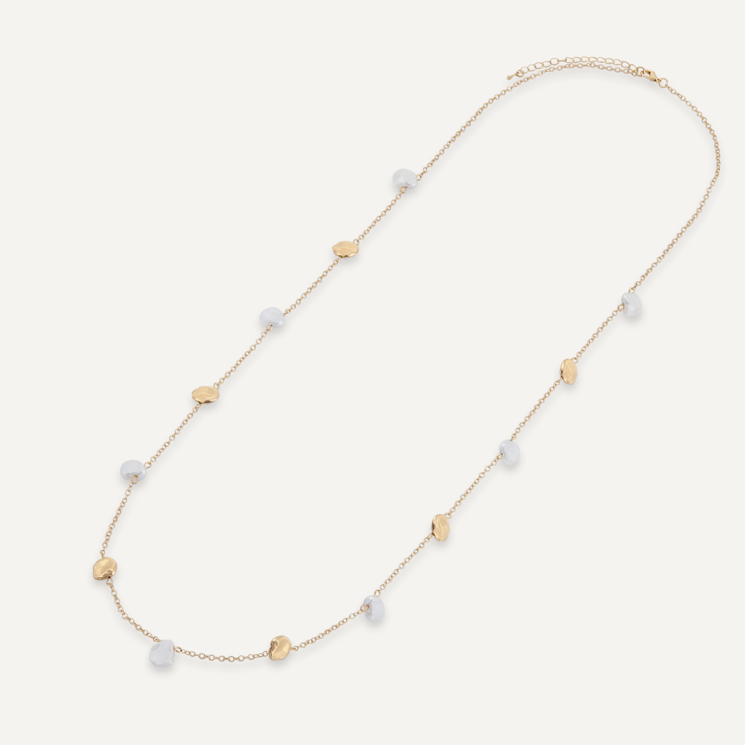 Long Faux Pearls Necklace In Gold-Tone