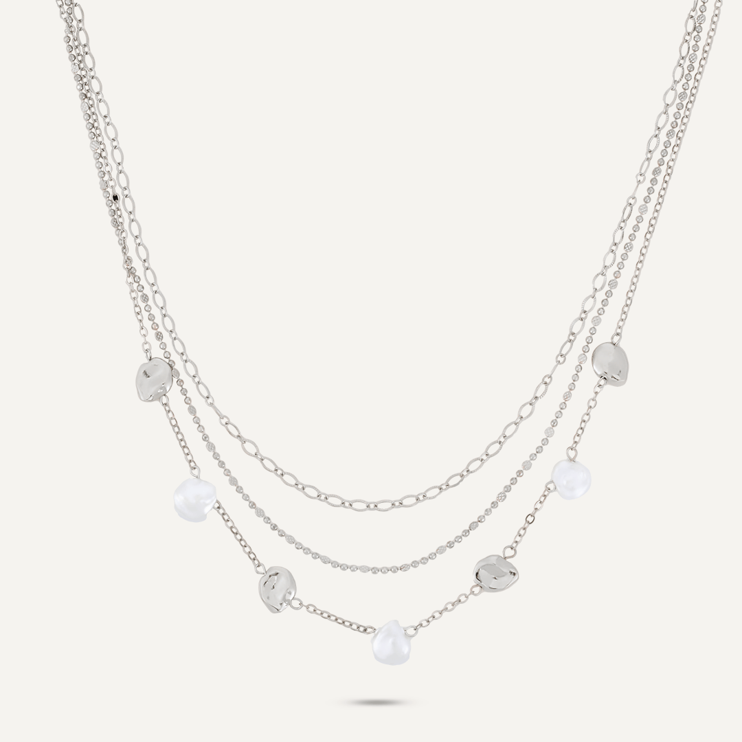 Short Multi-Layer Faux Pearls Necklace In Silver-Tone