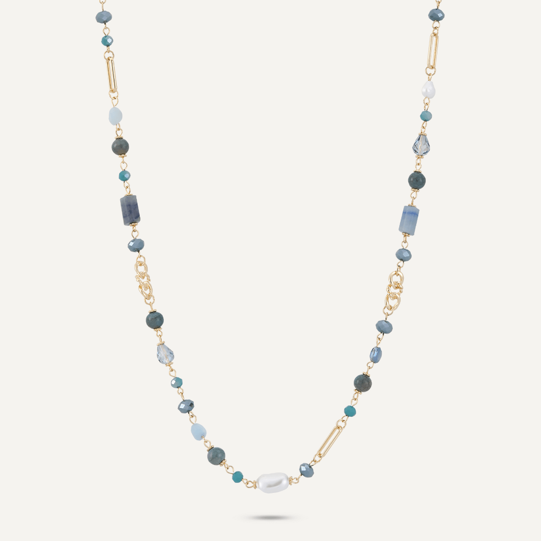 Blue Crystal & Natural Stone Long Necklace In Gold-Tone