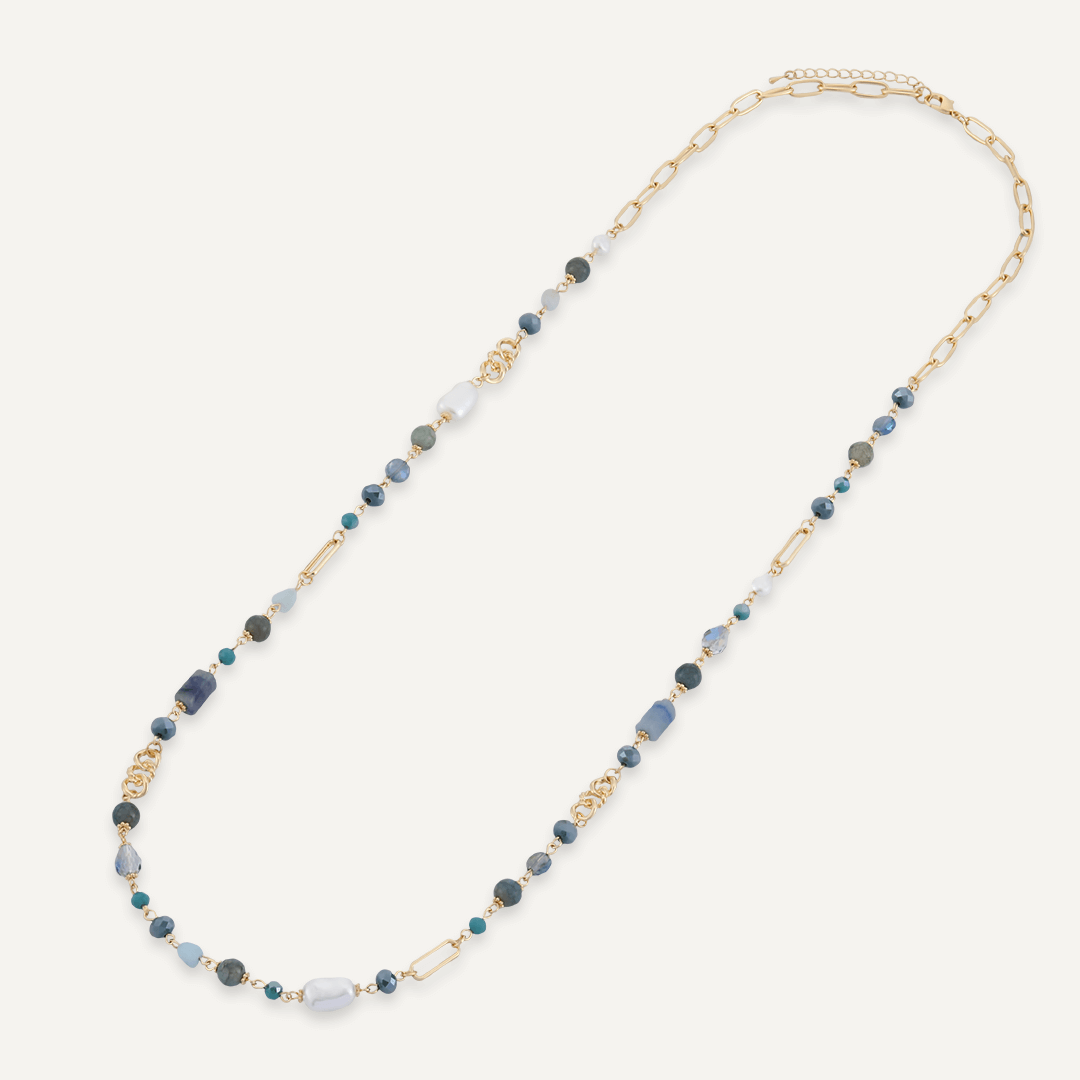 Blue Crystal & Natural Stone Long Necklace In Gold-Tone