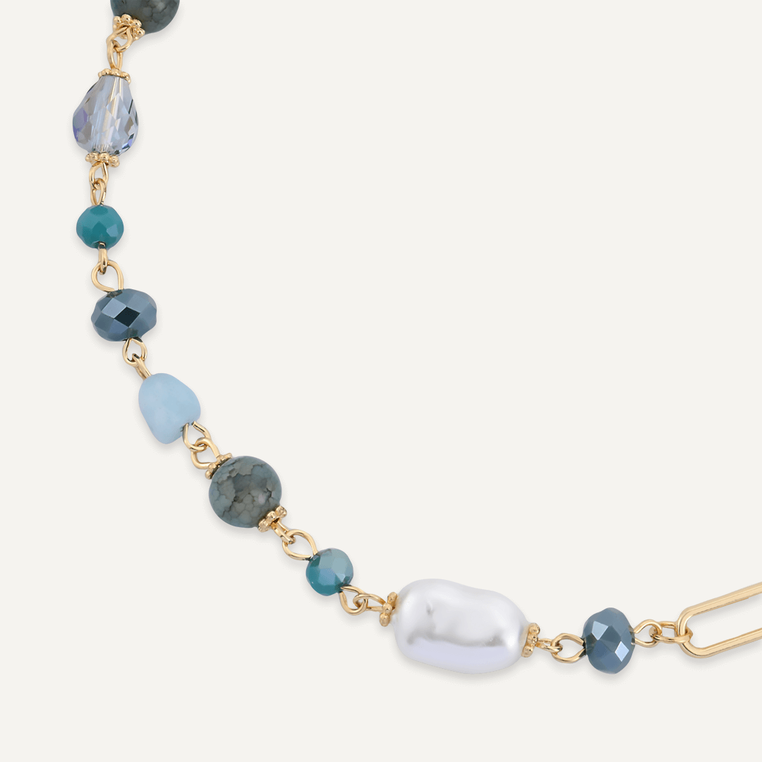 Blue Crystal & Natural Stone Long Necklace In Gold-Tone