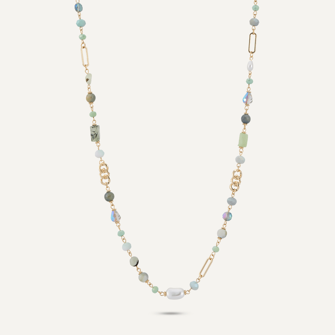 Green Crystal & Natural Stone Long Necklace In Gold-Tone