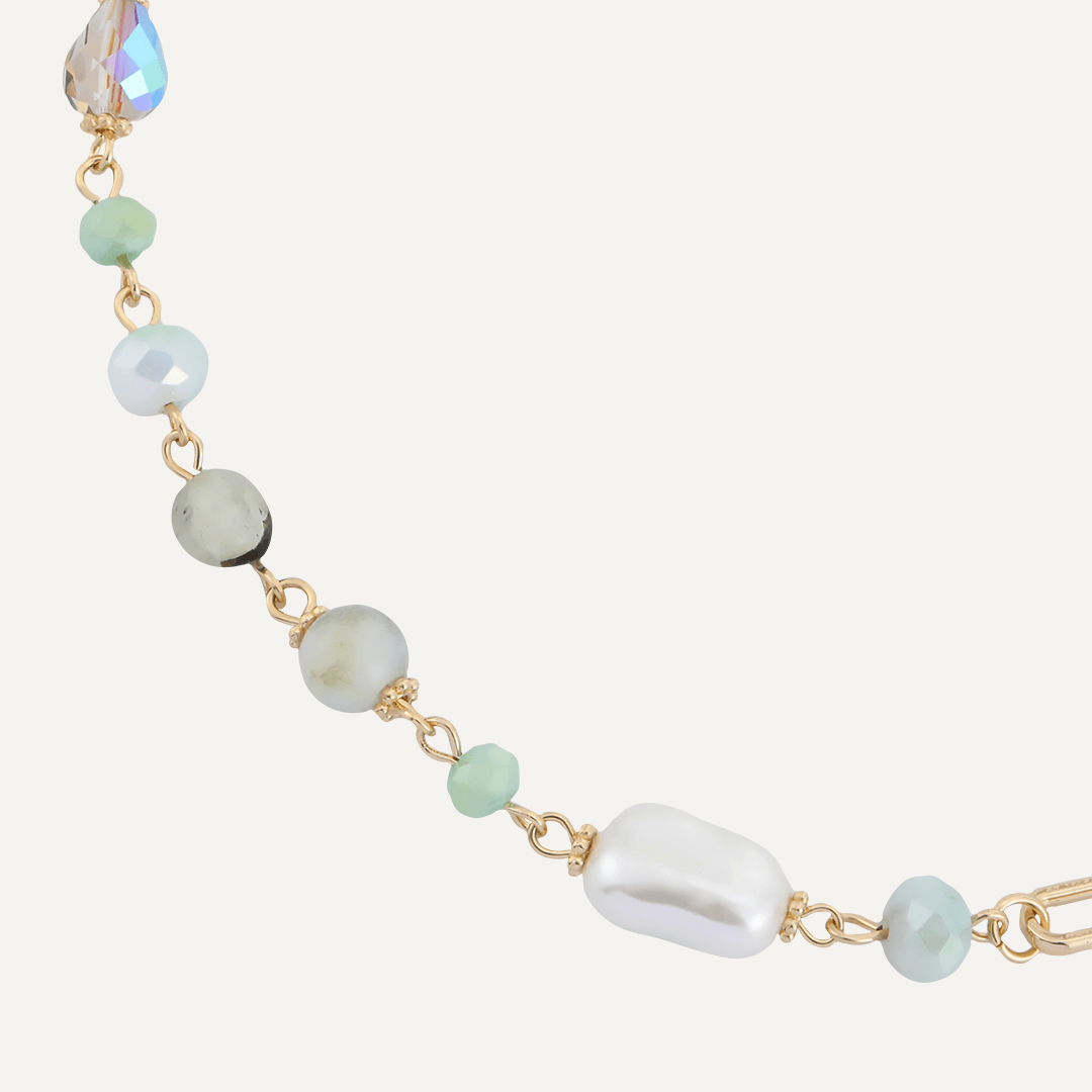 Green Crystal & Natural Stone Long Necklace In Gold-Tone