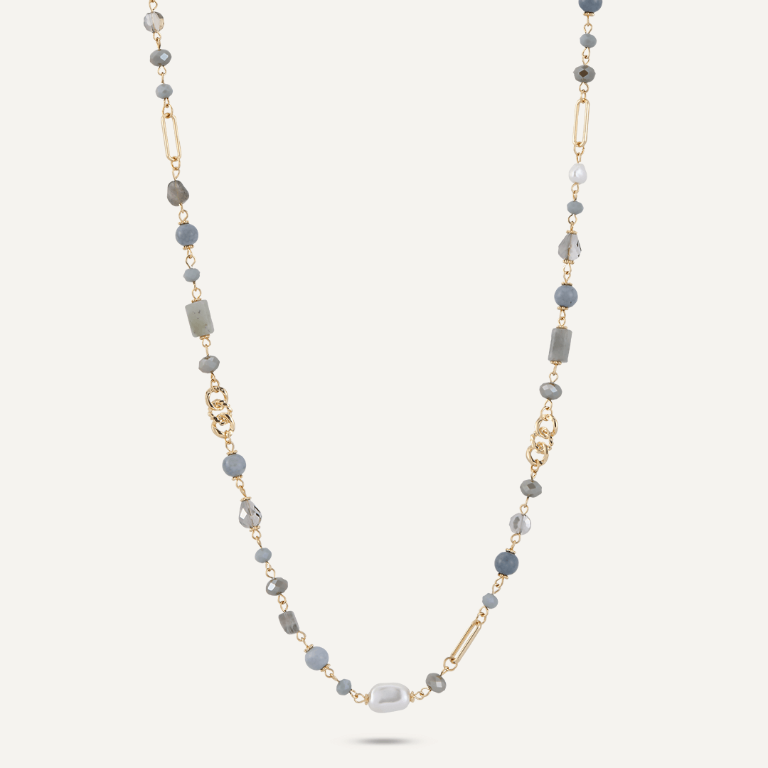 Grey Crystal & Natural Stone Long Necklace In Gold-Tone