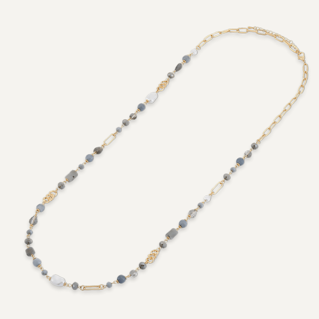 Grey Crystal & Natural Stone Long Necklace In Gold-Tone