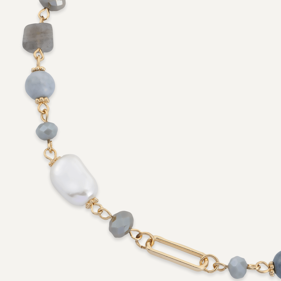 Grey Crystal & Natural Stone Long Necklace In Gold-Tone