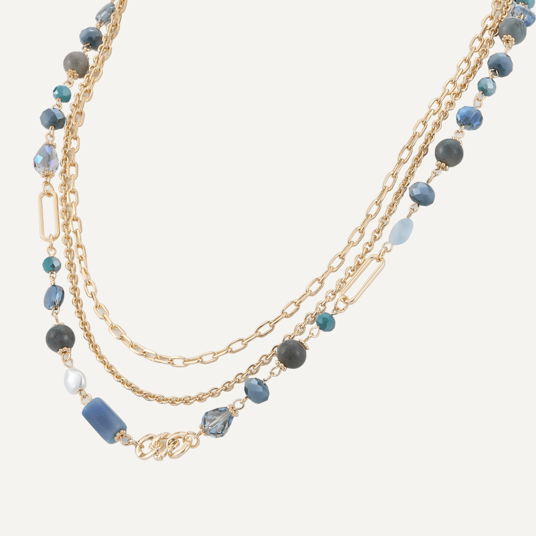 Blue Crystal & Natural Stone Multi-Layer Short Necklace In Gold-Tone