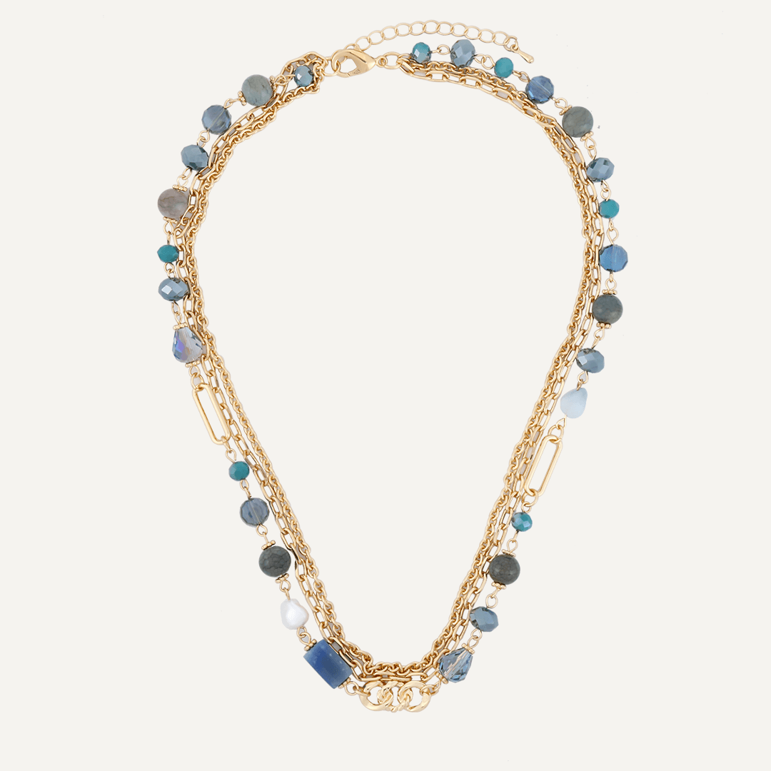 Blue Crystal & Natural Stone Multi-Layer Short Necklace In Gold-Tone