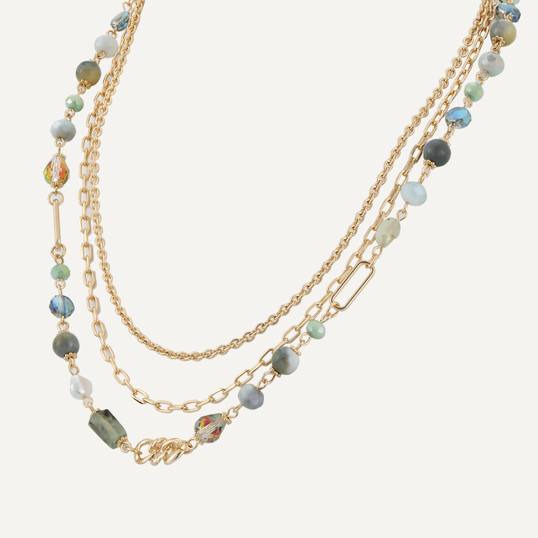 Green Crystal & Natural Stone Multi-Layer Short Necklace In Gold-Tone