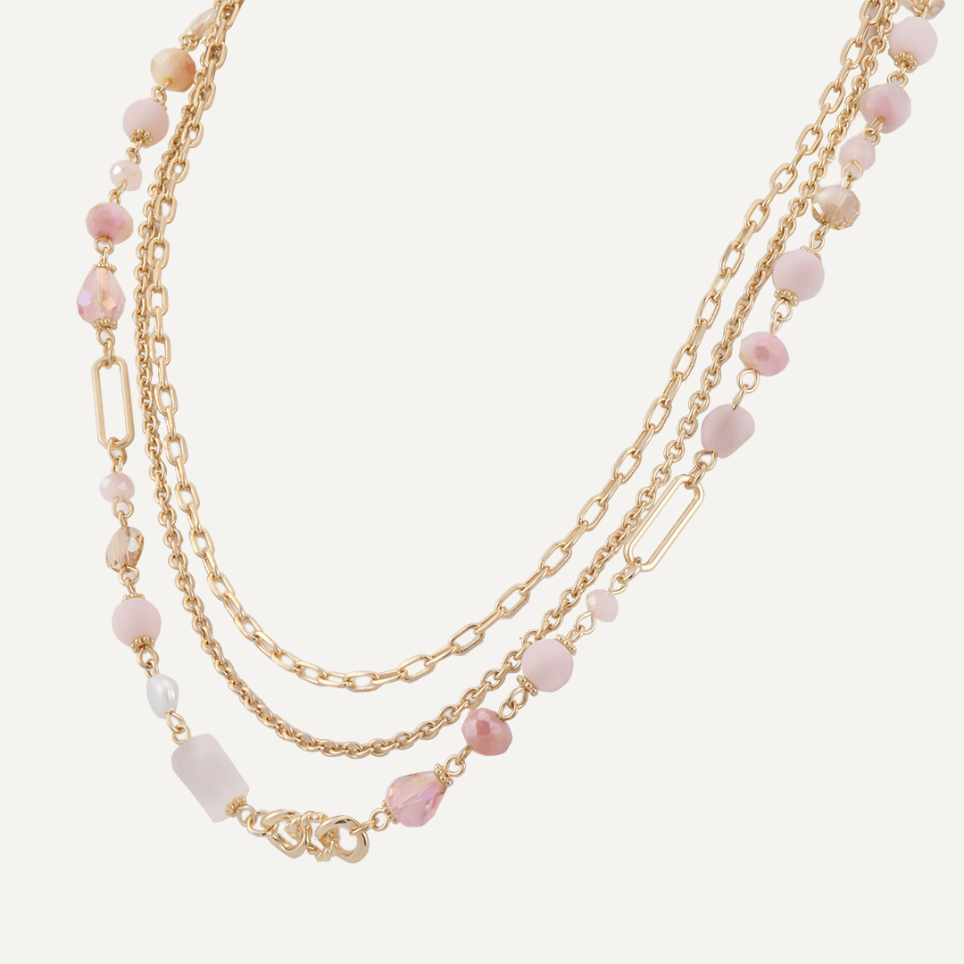 Pink Crystal & Natural Stone Multi-Layer Short Necklace In Gold-Tone