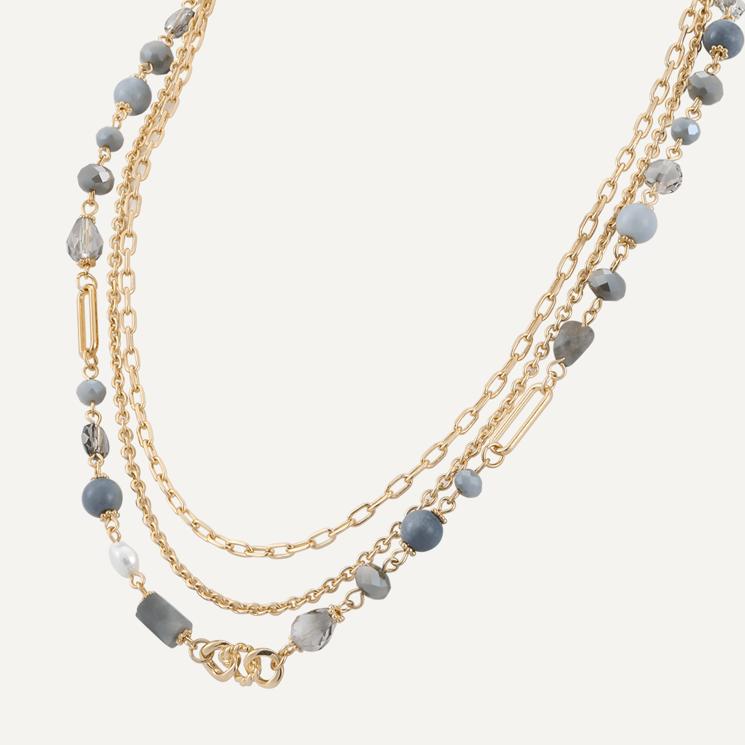 Grey Crystal & Natural Stone Multi-Layer Short Necklace In Gold-Tone