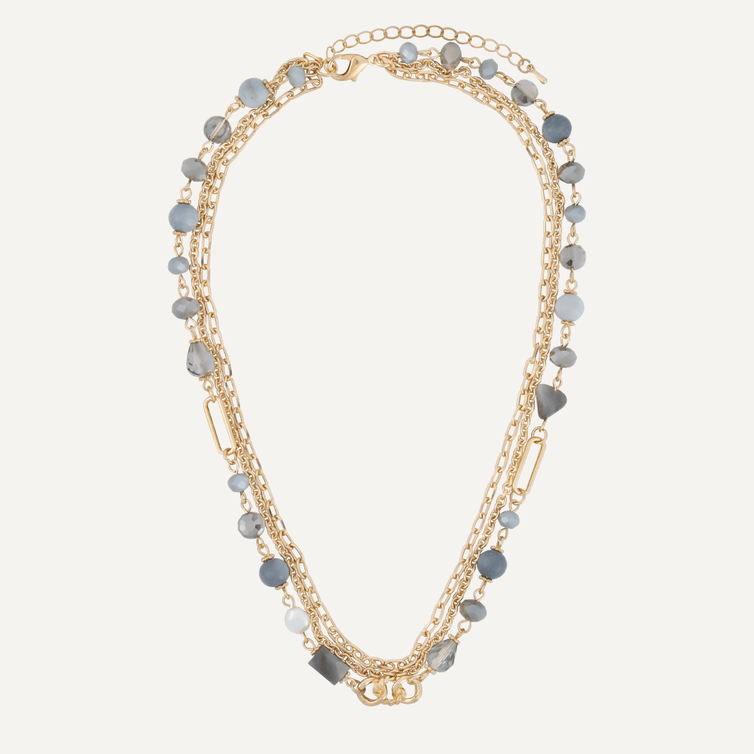 Grey Crystal & Natural Stone Multi-Layer Short Necklace In Gold-Tone