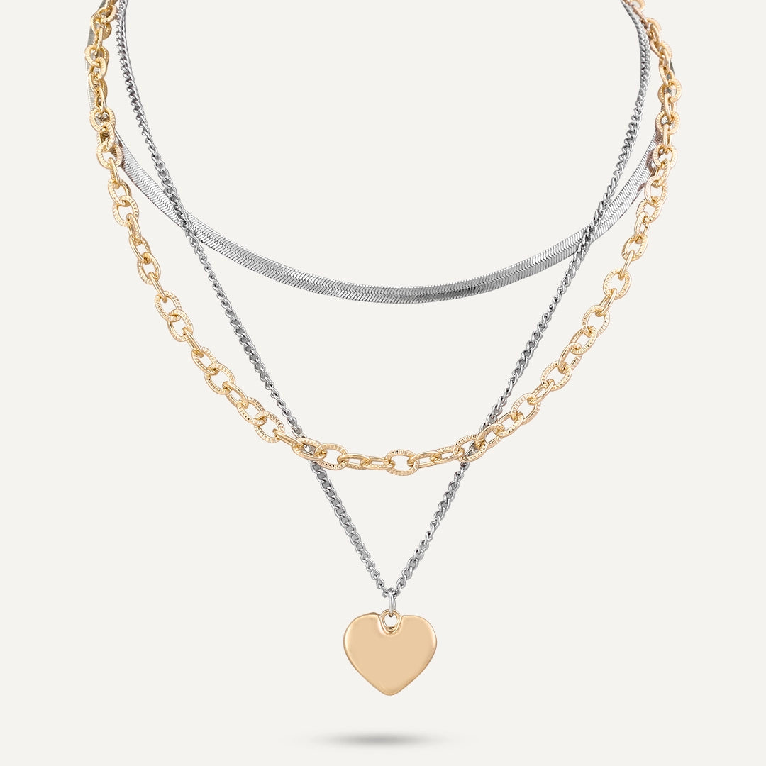 Mixed Metal Layered Heart Necklace In Gold & Silver-Tone