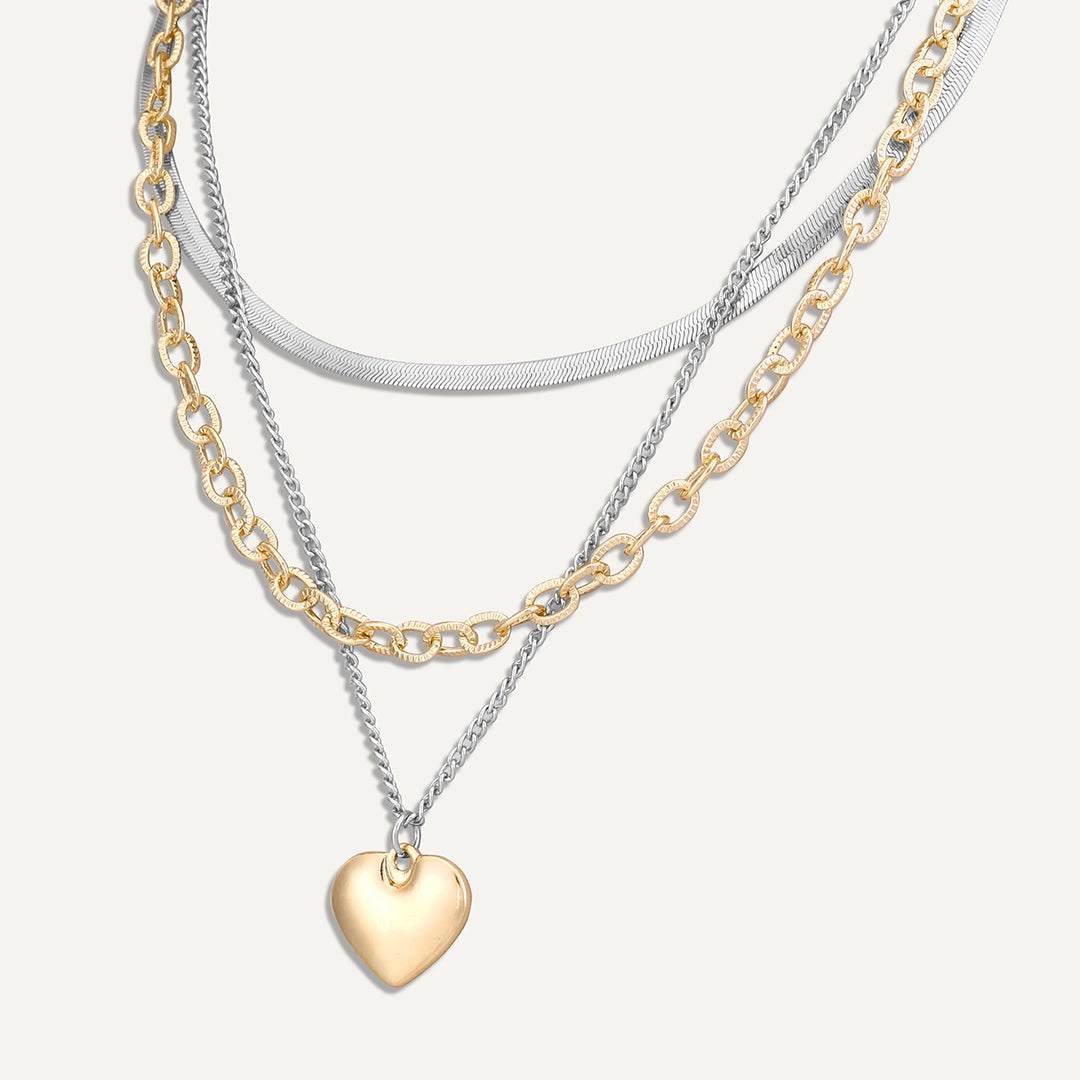 Mixed Metal Layered Heart Necklace In Gold & Silver-Tone