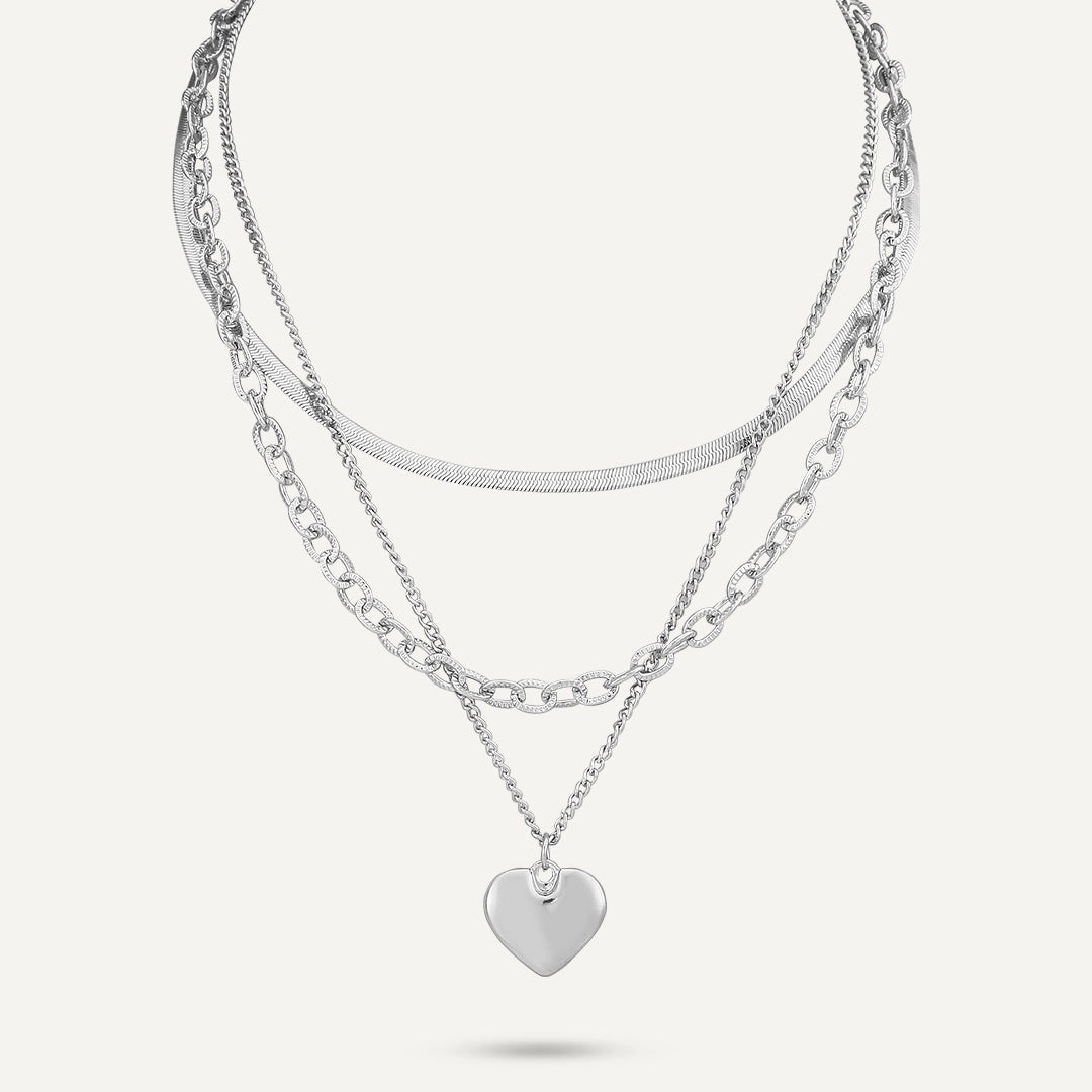 Layered Heart Necklace In Silver-Tone