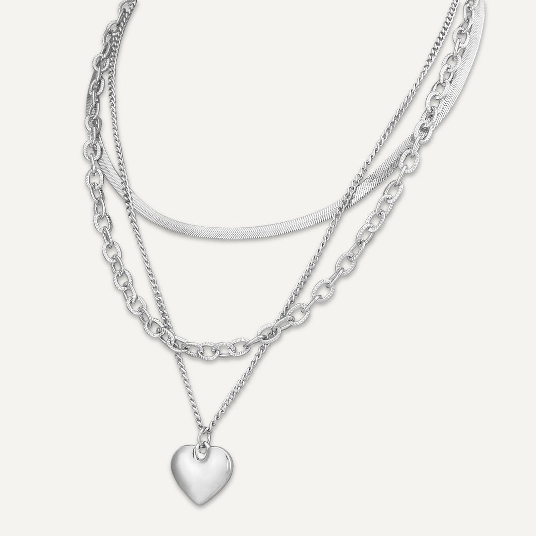 Layered Heart Necklace In Silver-Tone