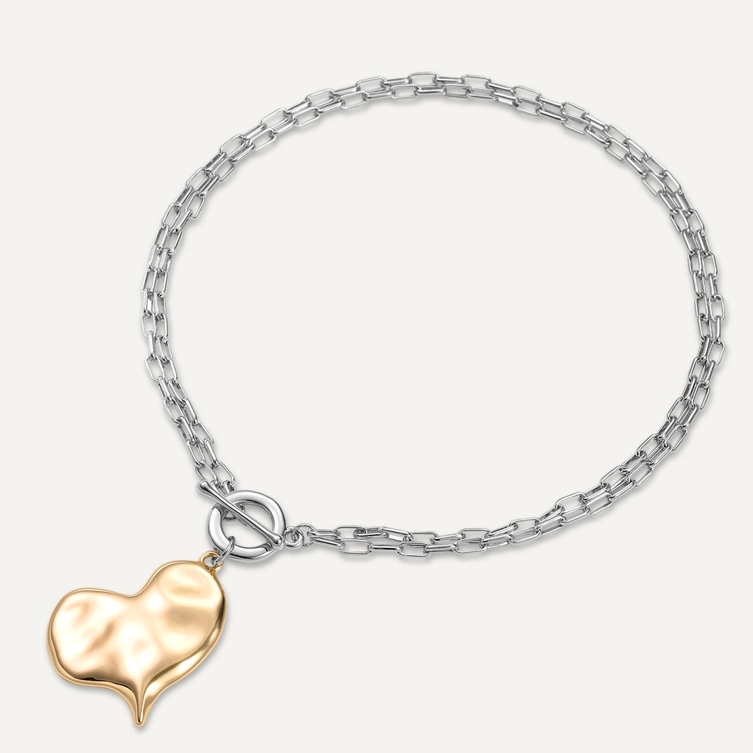 Mixed Metal Heart Charm Chain Necklace In Gold & Silver Tone