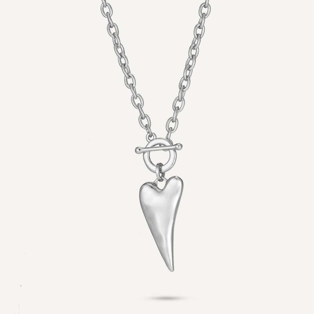 Long Heart Drop Pendant Necklace In Silver-Tone