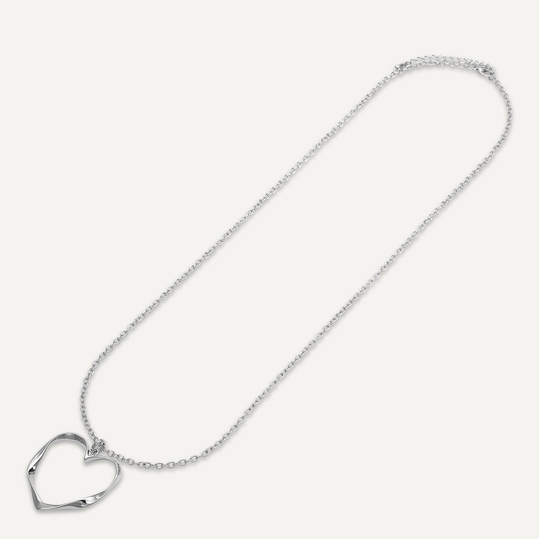 Long Open Heart Pendant Necklace In Silver-Tone