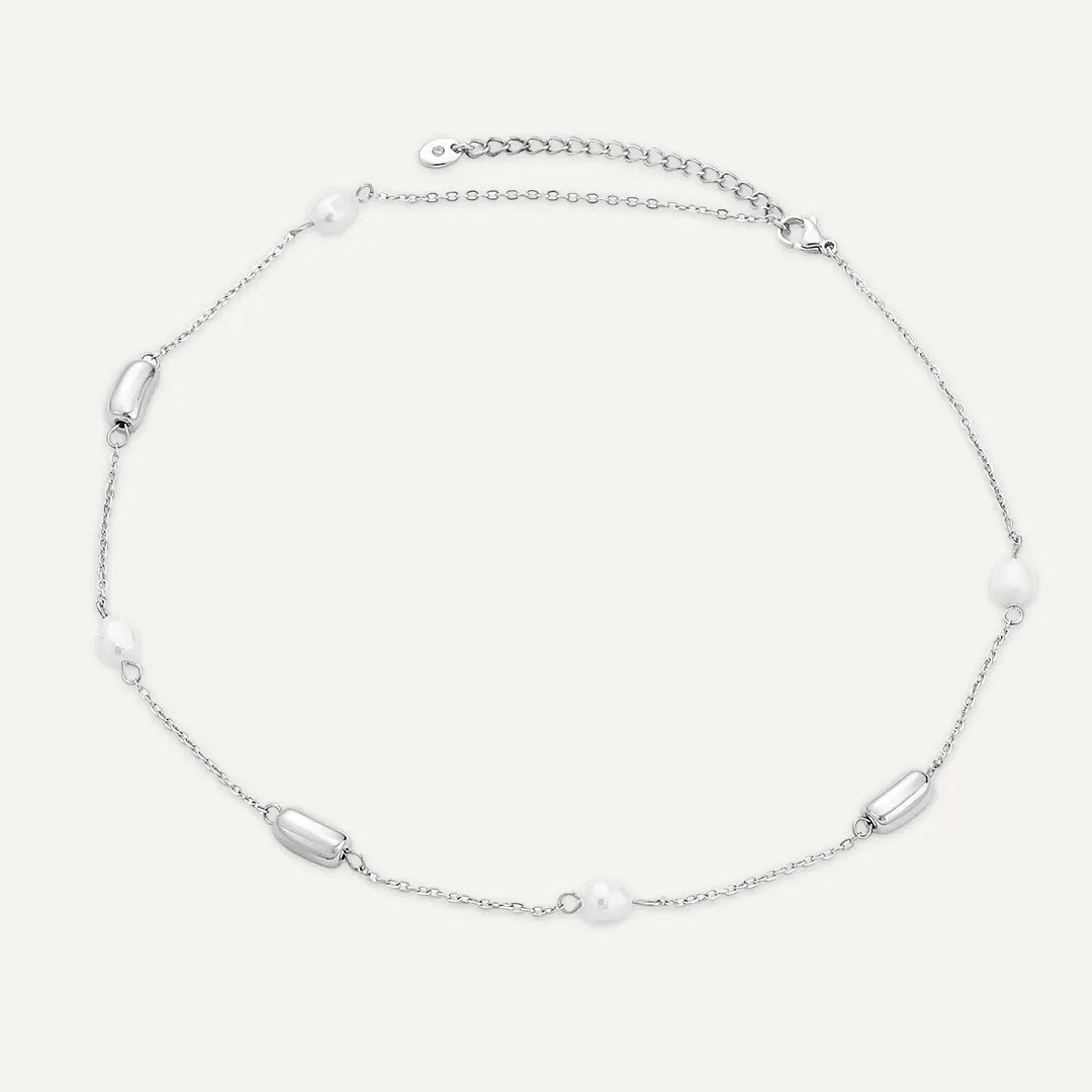 Vibes | Pearl and Oval Bead Station Necklace | White Gold-Plated