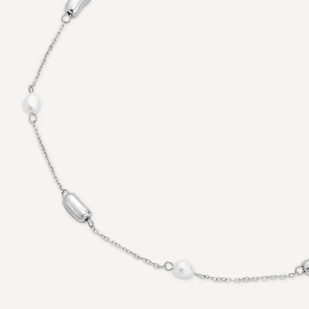 Vibes | Pearl and Oval Bead Station Necklace | White Gold-Plated