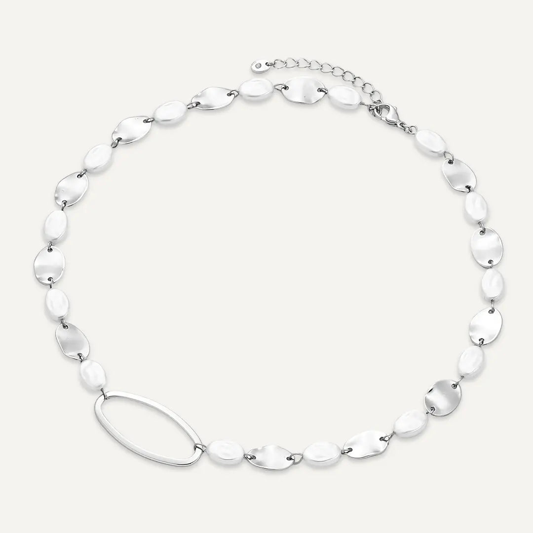 Vibes | Hammered Pearl & Oval Link Necklace | White Gold-Plated