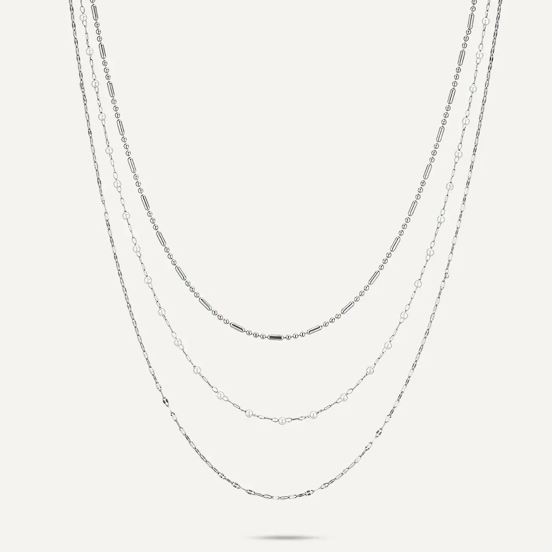 Vibes | Layered Multi-Strand Necklace with Pearl Accents | White Gold-Plated