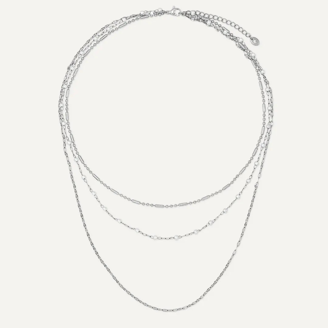 Vibes | Layered Multi-Strand Necklace with Pearl Accents | White Gold-Plated