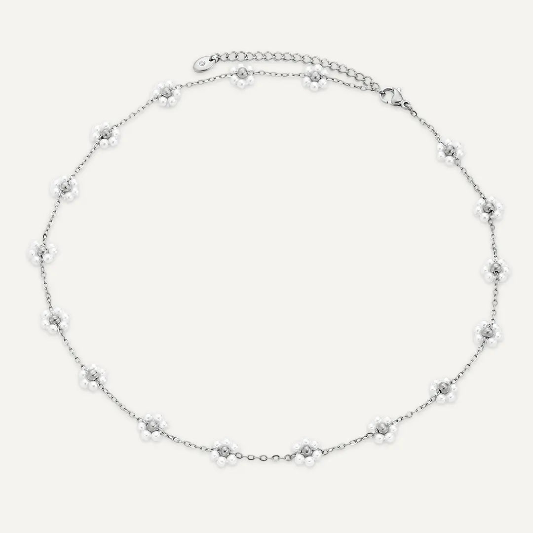 Vibes | Multi-Flower Pearl Station Necklace | White Gold-Plated