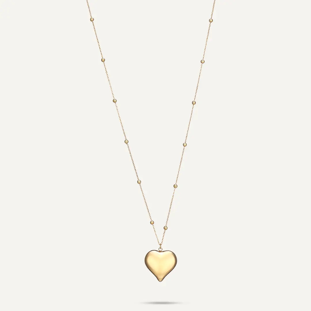Vibes | Puffy Heart Pendant Long Ball Station Chain Necklace | 18K Gold-Plated